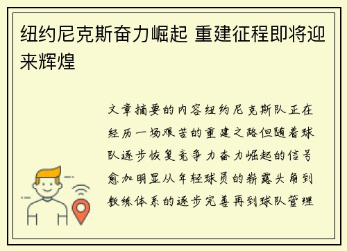 纽约尼克斯奋力崛起 重建征程即将迎来辉煌